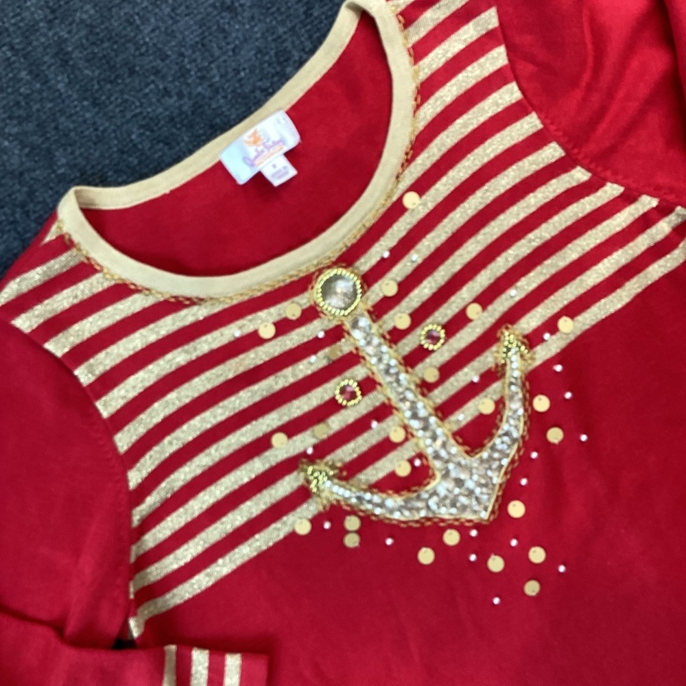 Quacker Factory Red Gold Nautical Anchor Rhinestone Knit Top 3/4 Sleeve Med 215